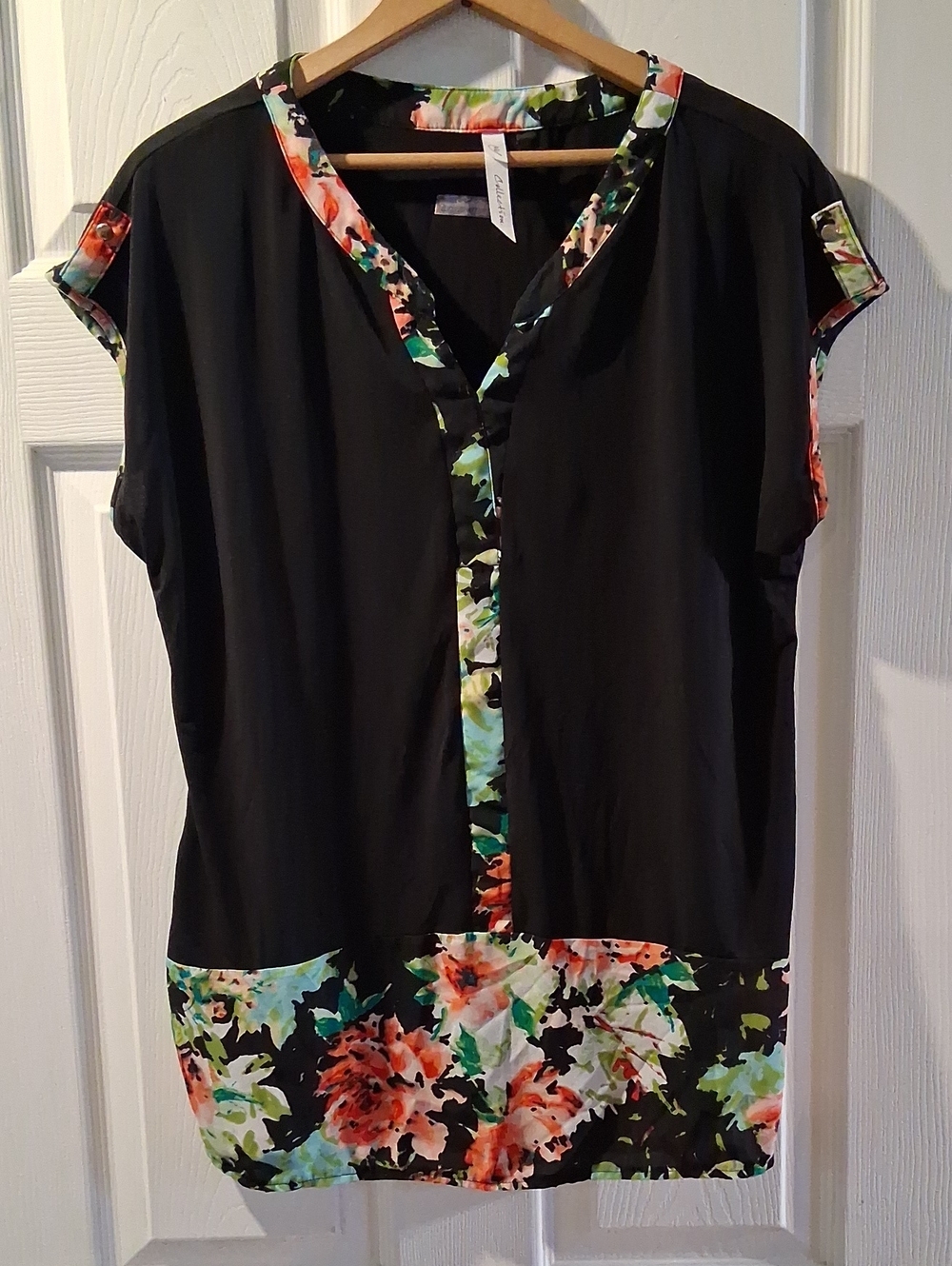 NY Collection Black Blouse with Floral Trim